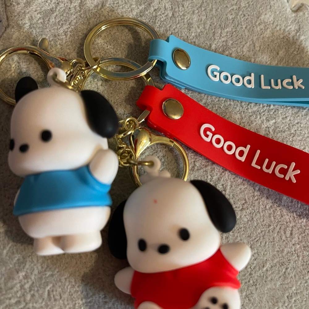 2 Cute Pochaco Keychains with Good Luck Tags